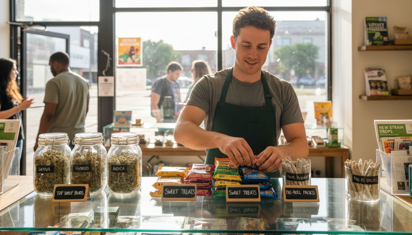 Budtender arranging cannabis bundles at dispensary counter