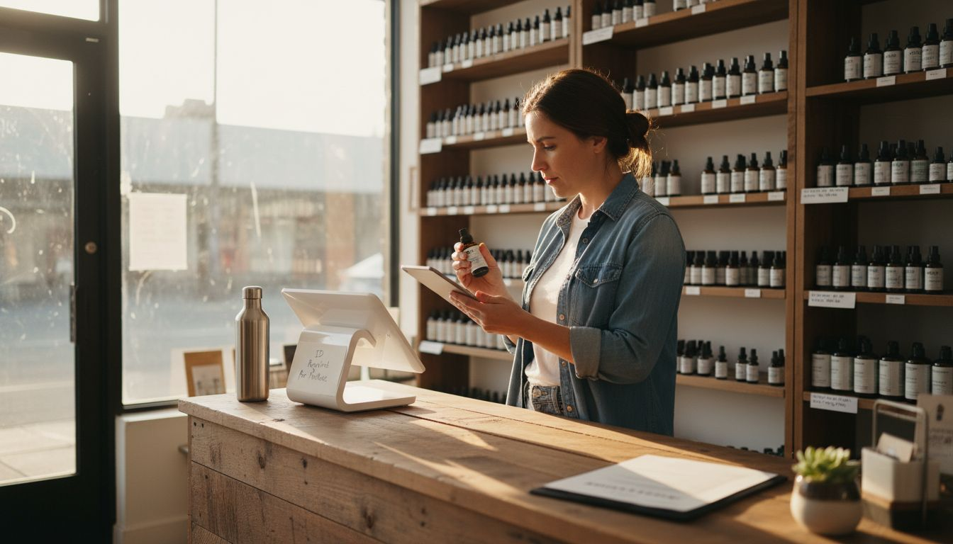 CBD shop owner verifying product compliance