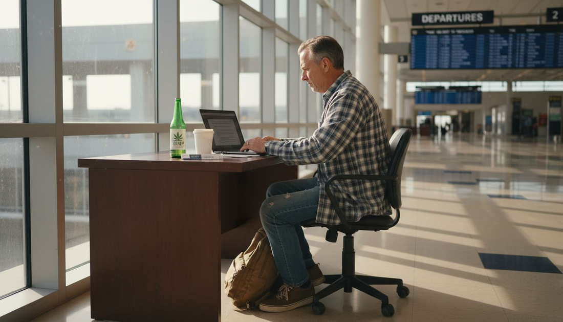 Traveler researching hemp product legality at airport