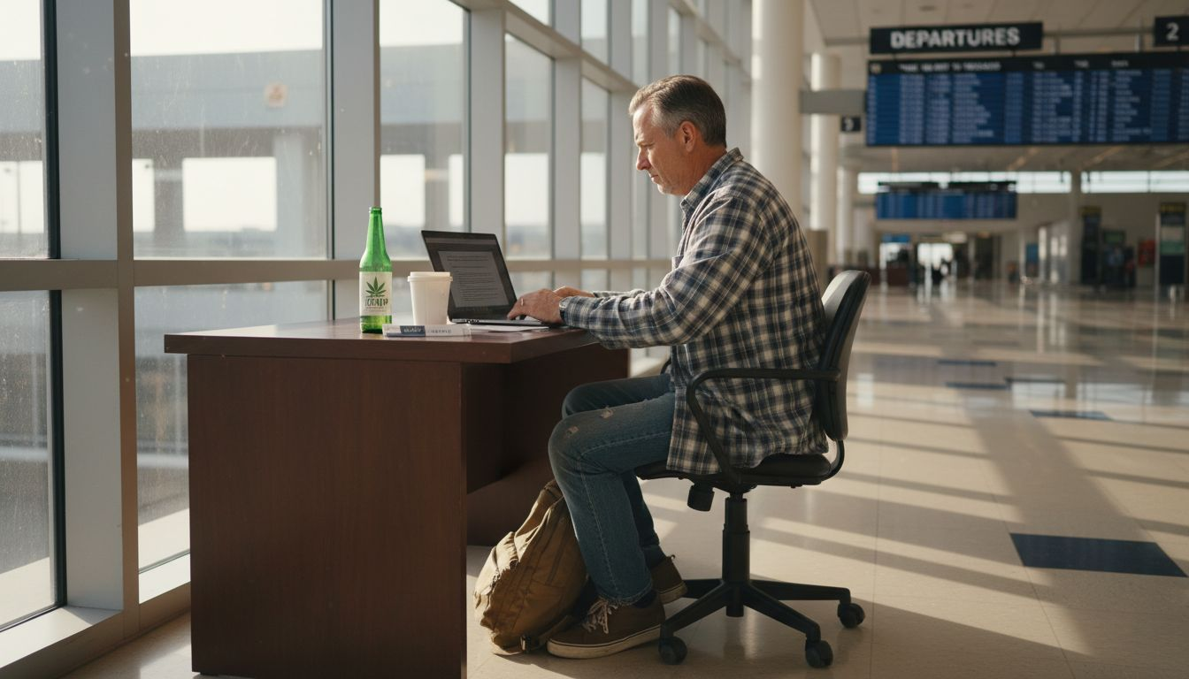Traveler researching hemp product legality at airport