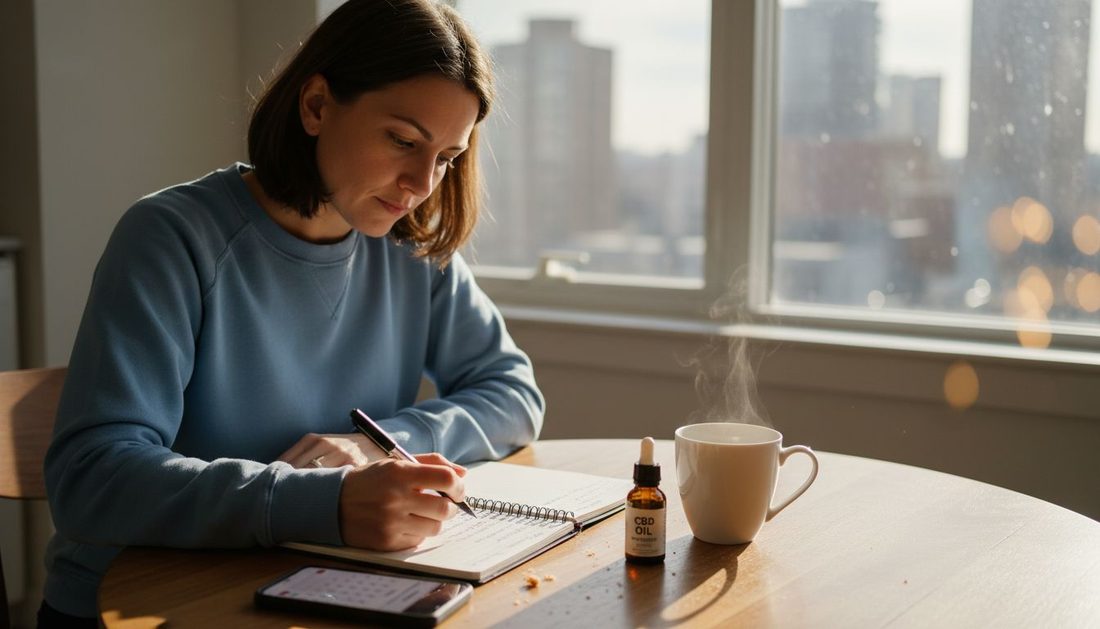 Woman planning morning routine with CBD oil