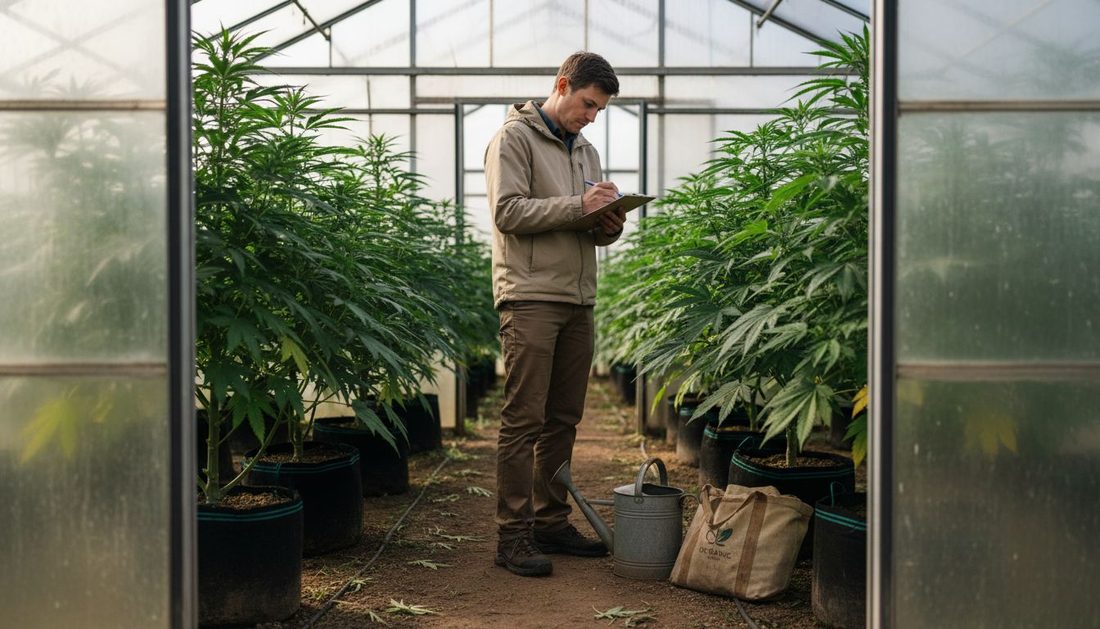 Organic inspector reviews greenhouse cannabis crop