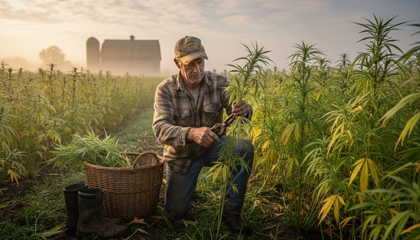 Farmer harvesting hemp in morning field