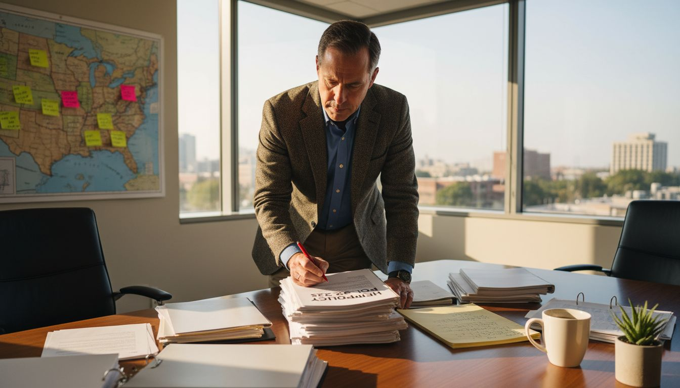 Compliance officer reviews hemp law documents in office