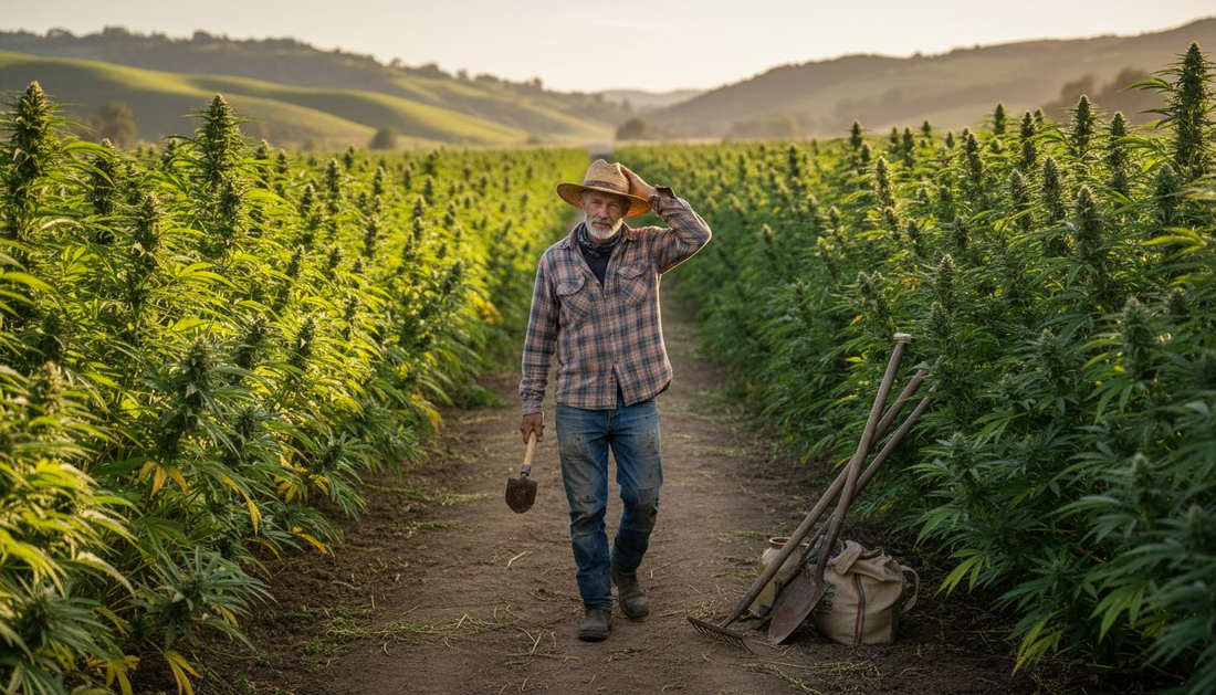 Farmer walking among outdoor cannabis plants