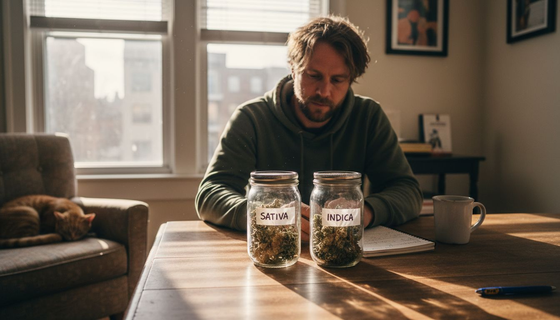 Man comparing Sativa and Indica jars at table
