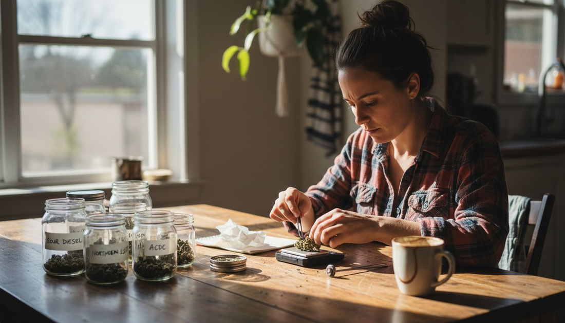 Woman measuring cannabis flower at home table