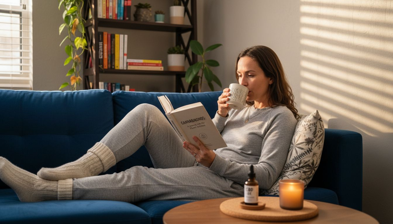 Woman relaxing with book and CBD oil at home