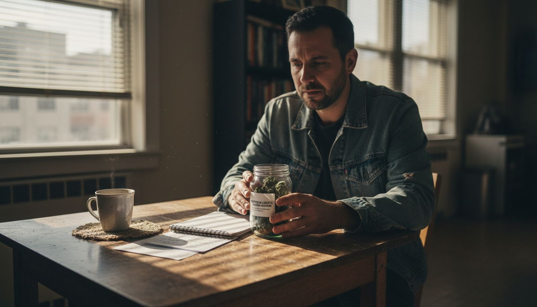 Man studying cannabis product label at table