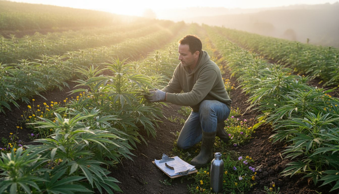 Farm worker inspecting cannabis at sunrise