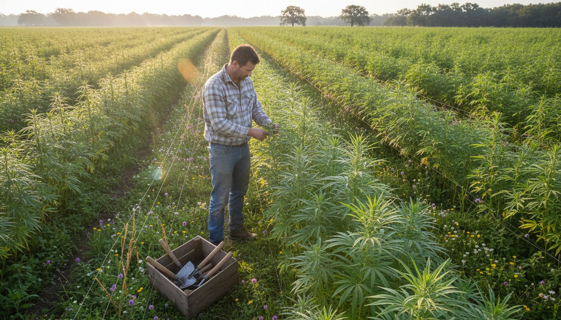 Worker inspecting hemp plants in sunlit field