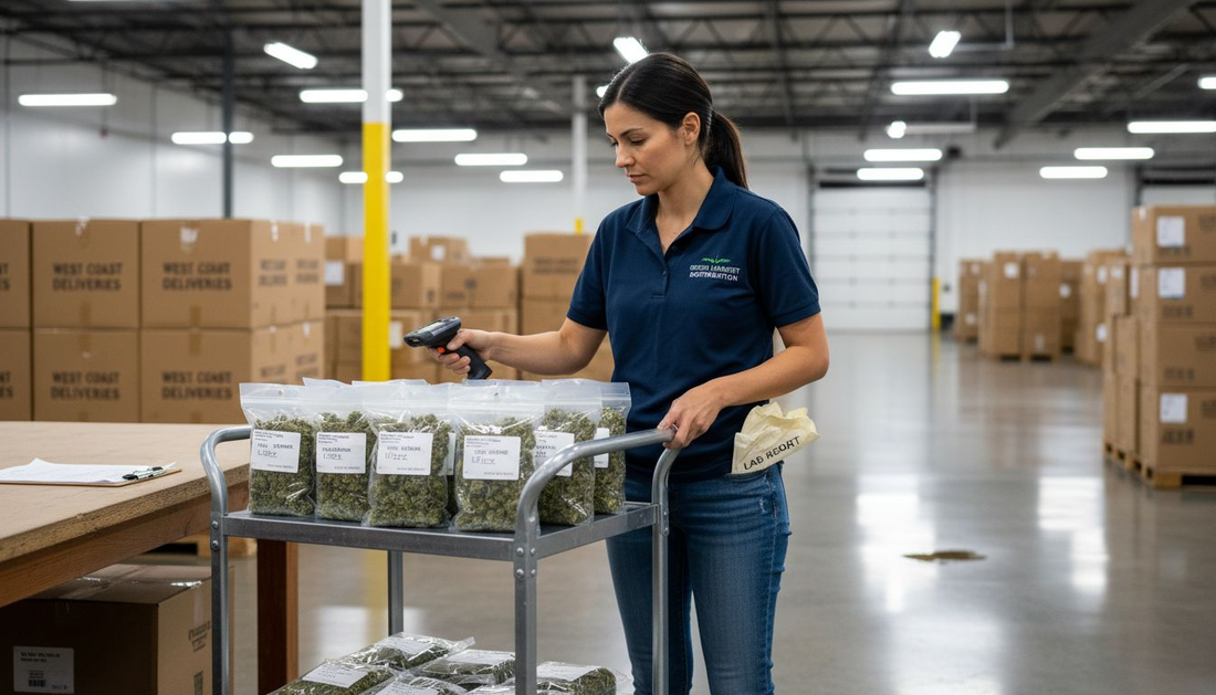 Worker loading cannabis packages onto cart