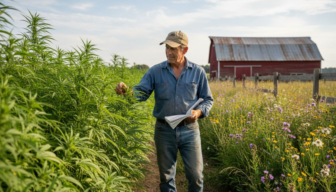 Agronomist inspecting organic hemp field row