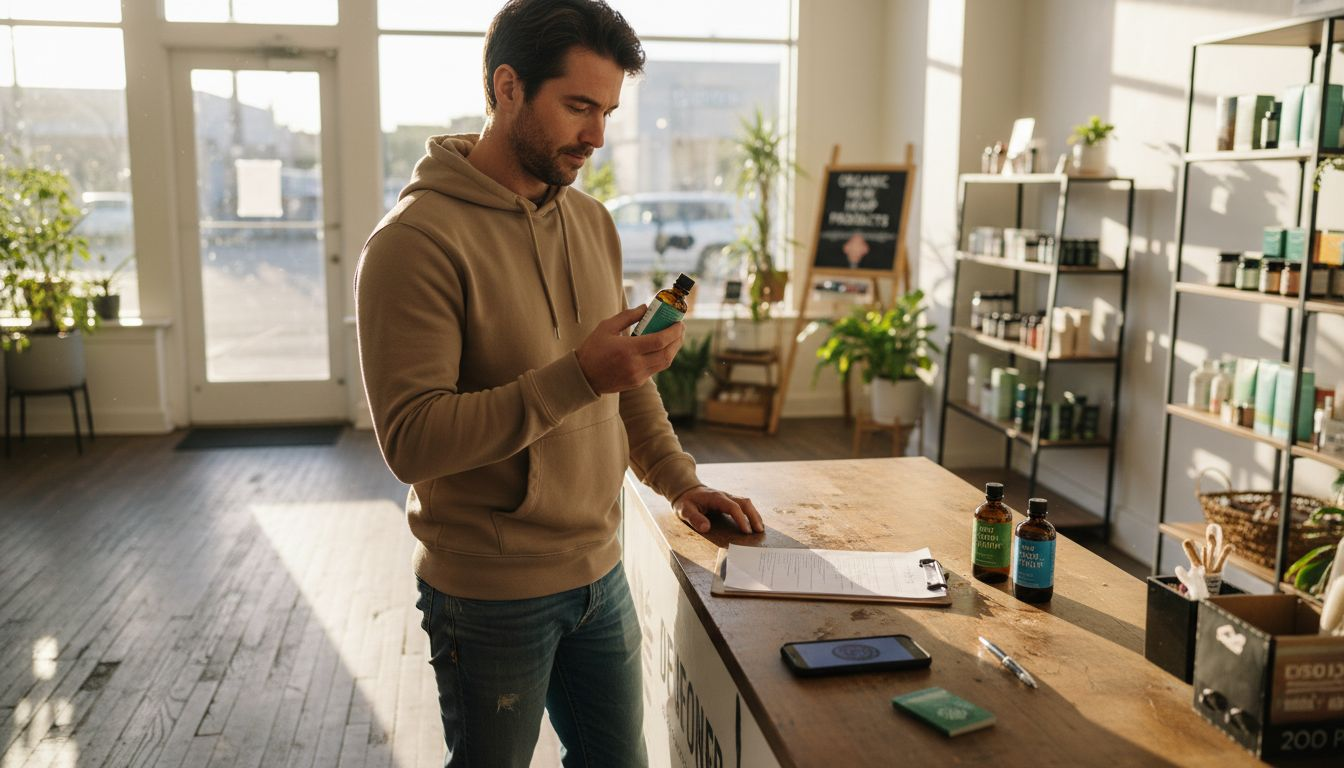 Shopper examining CBD label in California store
