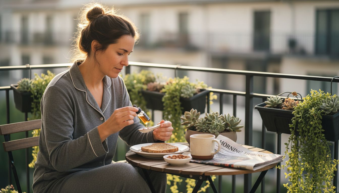 Woman preparing CBD in morning breakfast scene