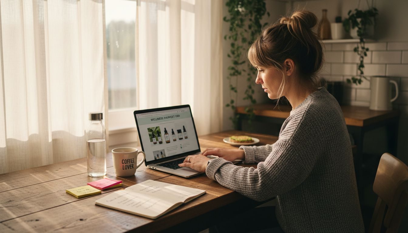 Woman browsing CBD filter options at home