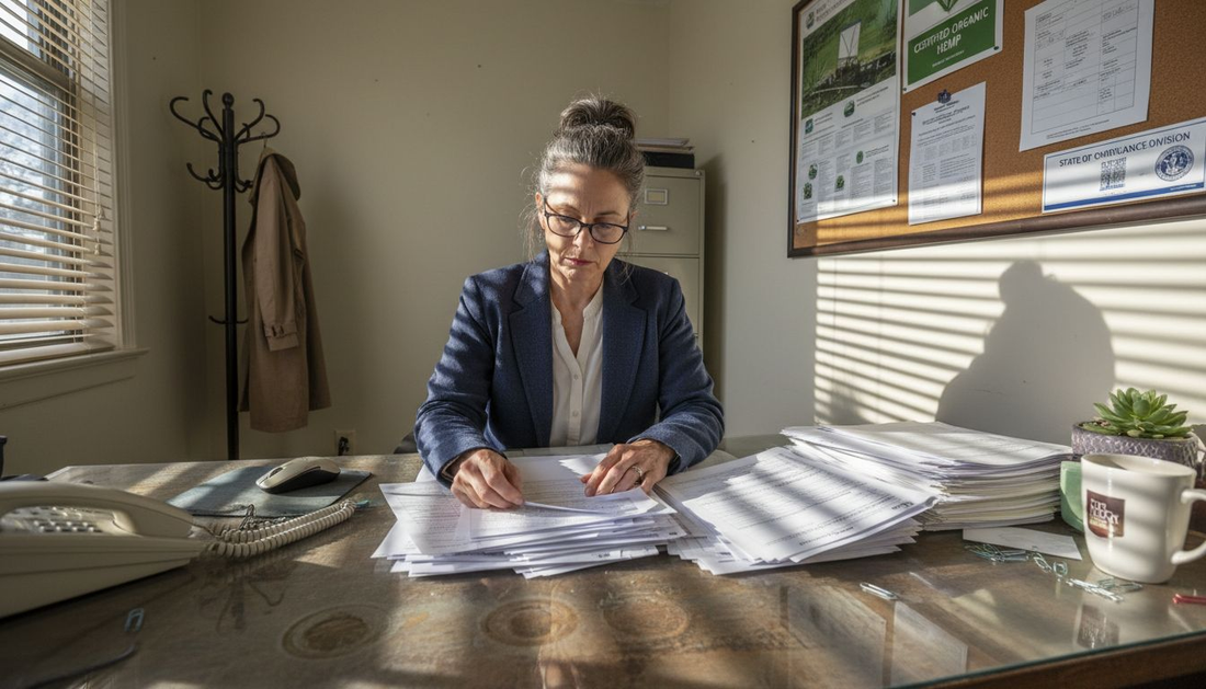 Officer reviewing cannabis lab reports in office