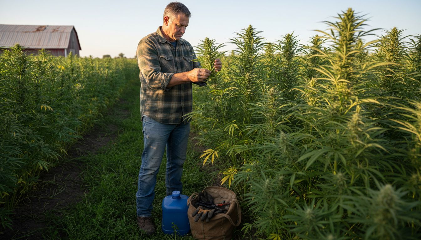 Farmer inspecting healthy hemp flowers in field