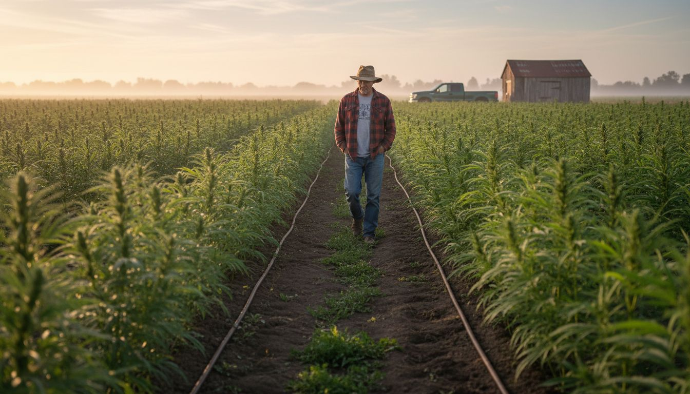 California hemp farmer in sunrise field