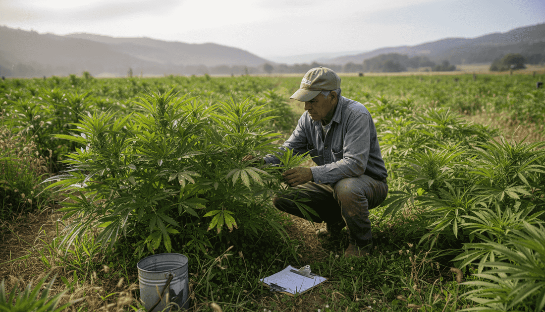 Worker inspecting cannabis field in California summer