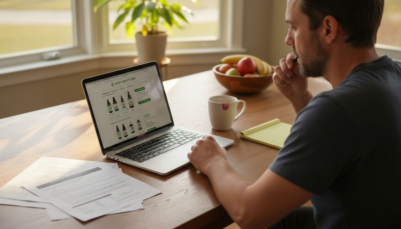 Man filtering hemp products on laptop at kitchen table
