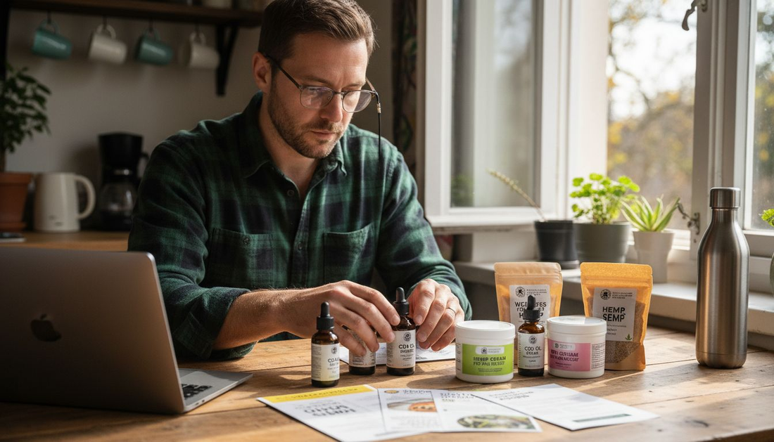 Man reviewing hemp cannabinoid product packaging