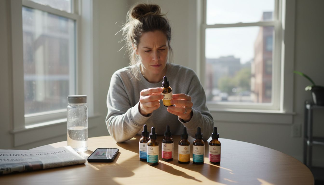 Woman comparing cannabinoid wellness products at kitchen table
