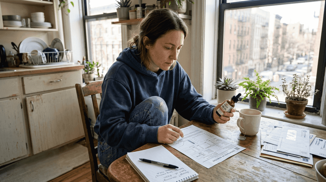 Woman checking CBD oil with lab report