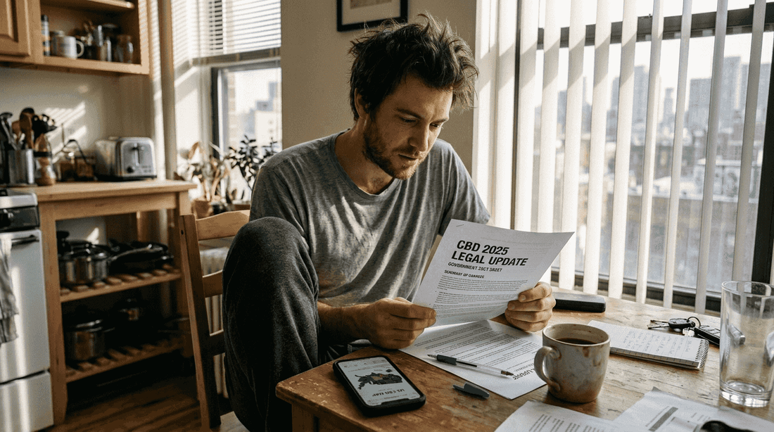 Man reading CBD legal update at kitchen table