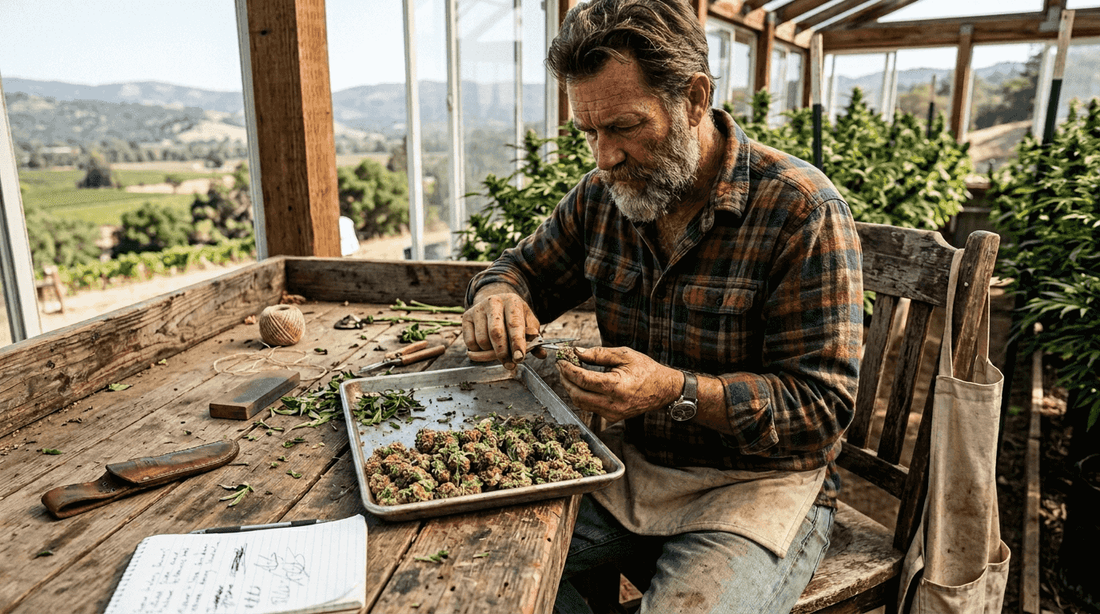 Grower inspecting small-batch cannabis buds outdoors
