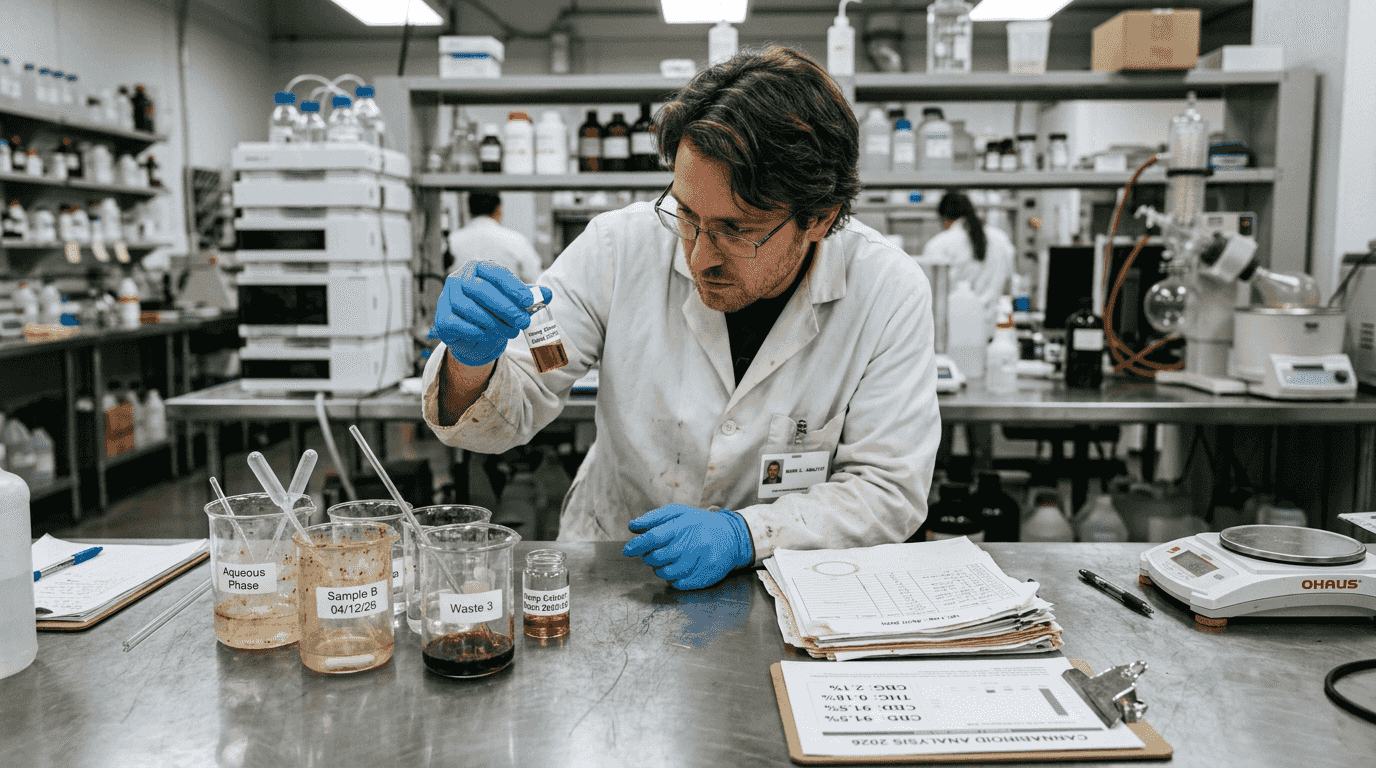 Lab technician examines hemp extract sample