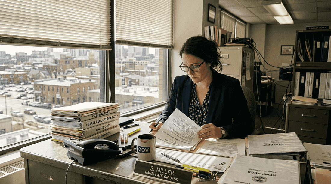 Officer reviewing hemp law documents in office