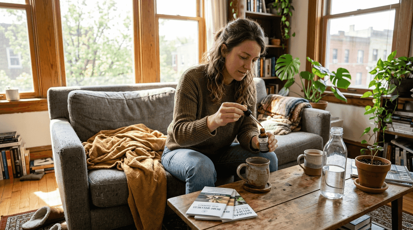 Woman measuring CBD oil in sunlight