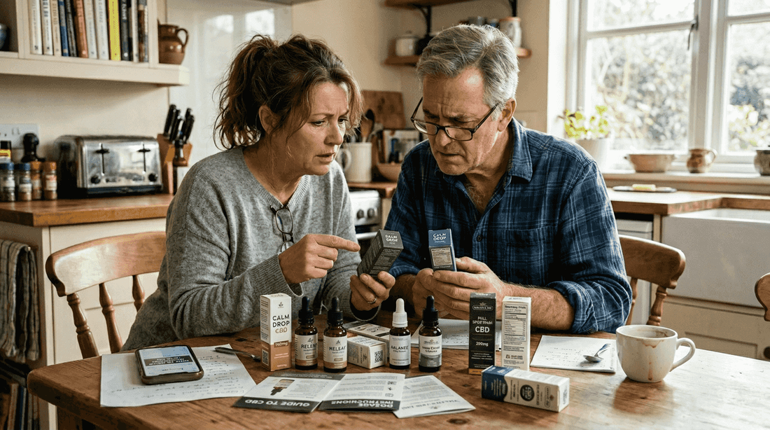 Consumers examining CBD labels and packaging