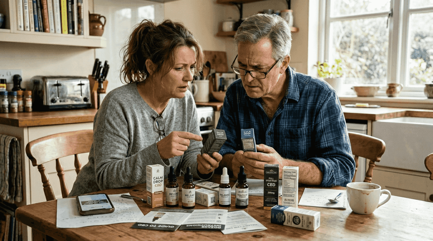Consumers examining CBD labels and packaging