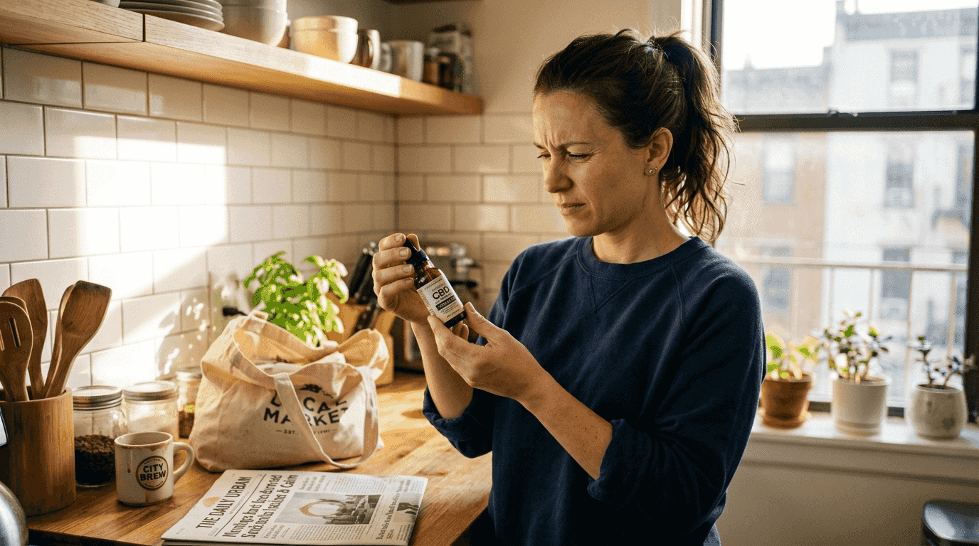 Woman reading CBD product label in kitchen