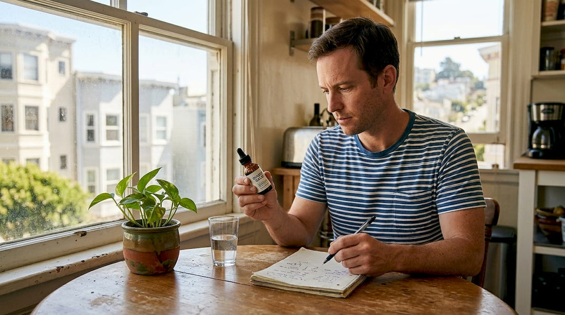 Person reading cannabis tincture label at table