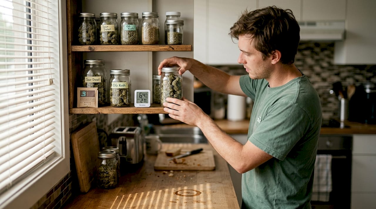 Man storing cannabis jar on kitchen shelf