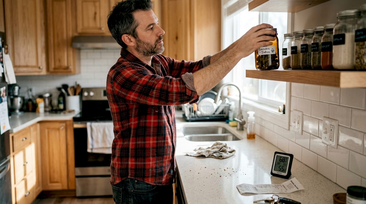 Person storing cannabis in glass jar on kitchen shelf