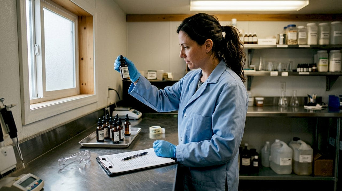 Lab technician inspects cannabis oil products