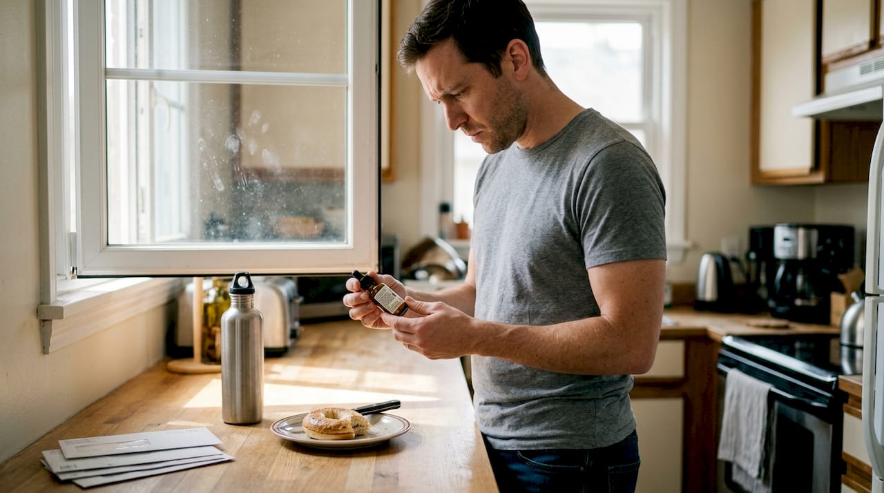 Man reading label on cannabis tincture bottle