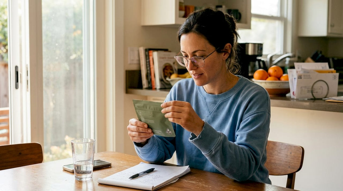 Woman reading cannabis label in kitchen