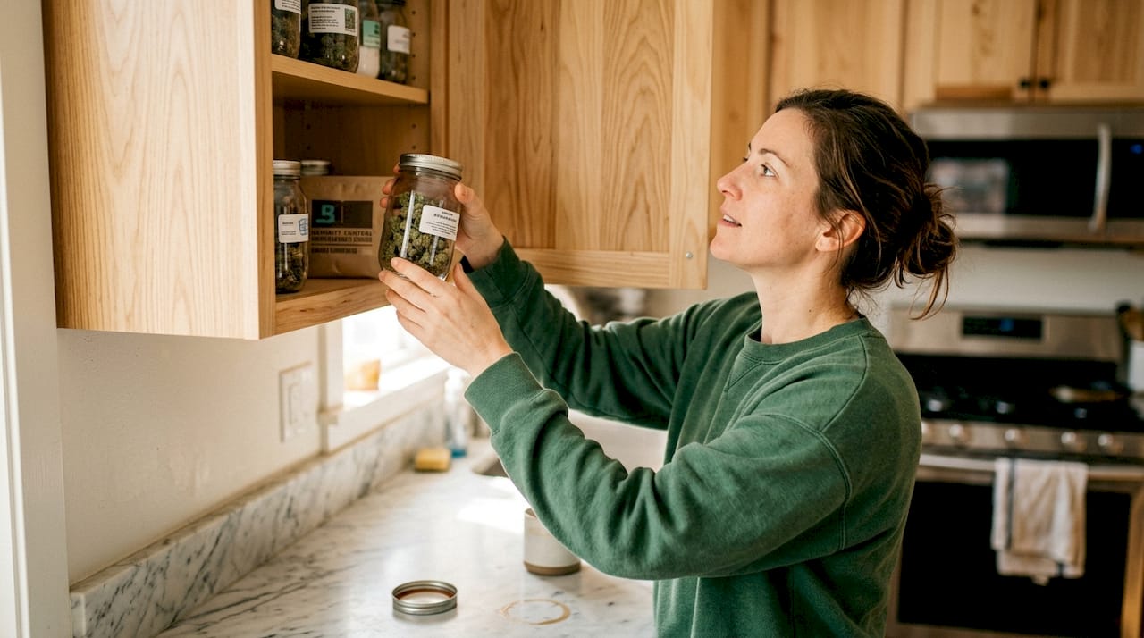 Woman storing cannabis jar in kitchen cabinet