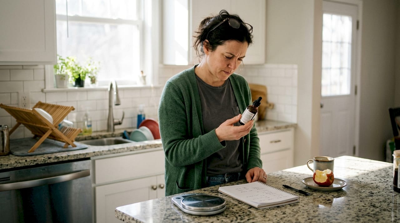 Woman reviews cannabis tincture label in kitchen