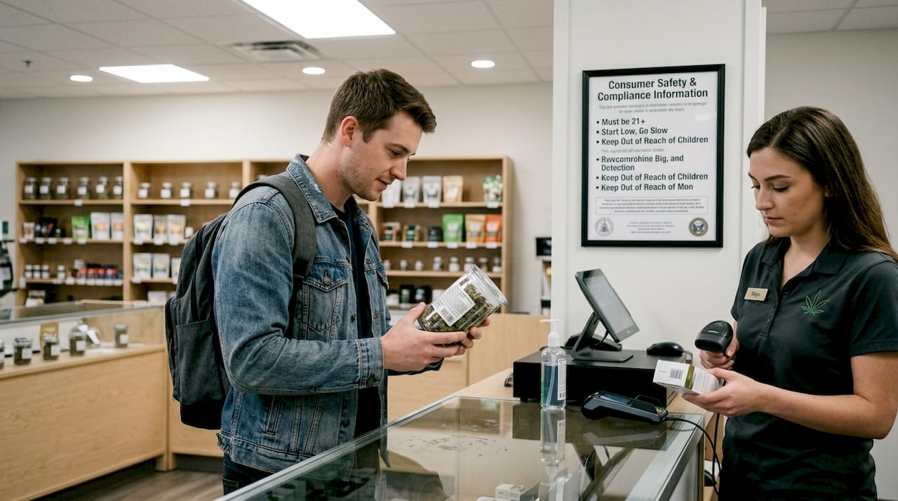 Customer at dispensary counter reviewing cannabis flower