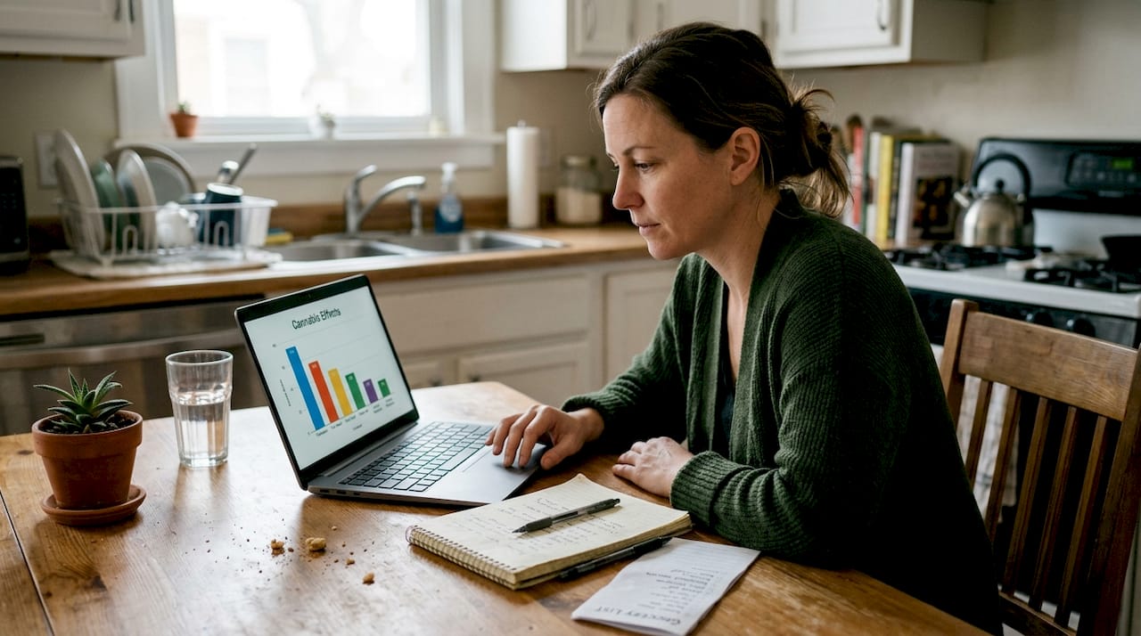 Woman researching cannabis strains at kitchen table