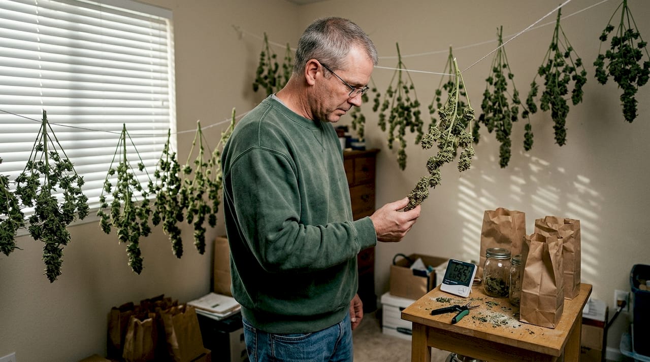 Grower inspecting drying cannabis flowers
