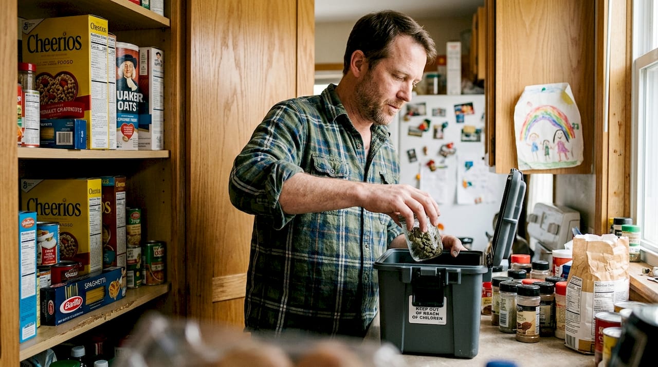 Man safely storing cannabis in kitchen pantry