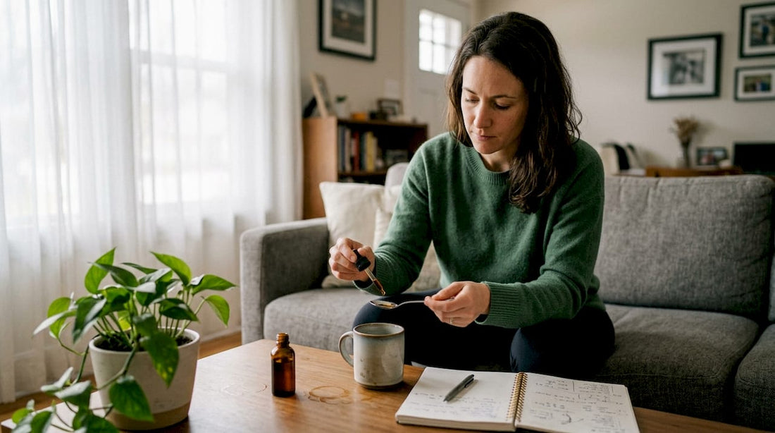 Woman measuring cannabis tincture at home