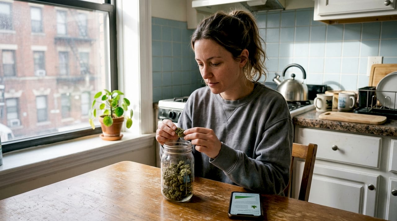 Woman examining jar of cannabis flower
